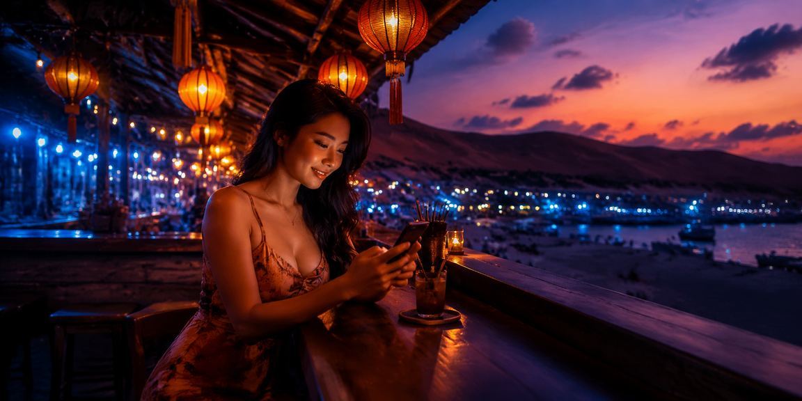 Người dùng tại Mũi Né truy cập giải trí di động trong không gian chợ đêm